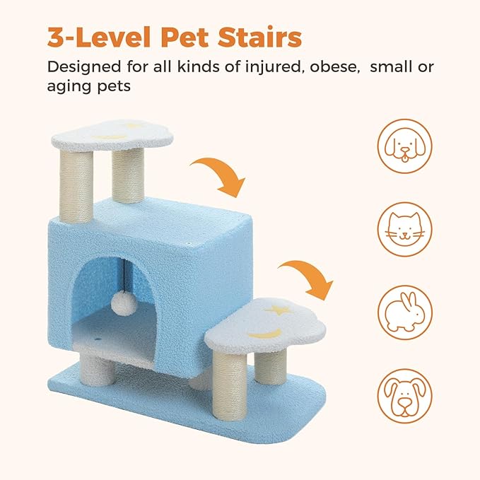 3-in-1 Cute Dog Stairs & Cat Scratching Post with Condo, Pet Steps for High Bed, Sofa, Couch, Tall Cat Tower, High-Strength Board for Indoor Small Cats Kittens Dogs Climbing Playing, 3 Steps-Blue