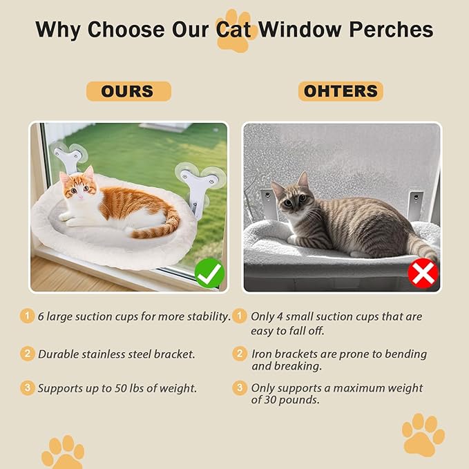 Cat Window Perch with 6 Strong Suction Cups,Includes Summer and Winter Removable Cushion - No Drill Installation,50LBS Support Foldable Cordless Cat Beds for Indoor Cats(Large)