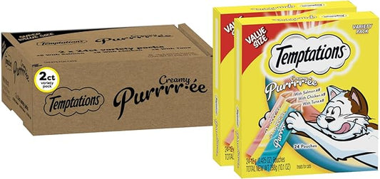 Temptations Creamy Puree Squeezable Lickable Wet Cat Treat Variety Pack, 0.42 oz. Tubes, 24 Count, Pack of 2 (48 Total)