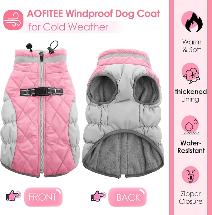 AOFITEE Dog Coat, Warm Dog Jackets for Large Dogs, Reflective Turtleneck Dogs Winter Coat with Harness Built in, Waterproof Windproof Pet Snow Jacket Fleece Vest for Cold Weather, Pink XXL