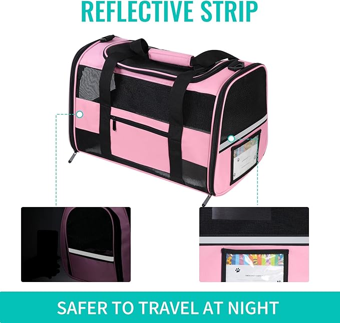 20" Large Cat Carrier Soft Side Dog Carrier Pet Carrier for Medium Small Dogs Cats Collapsible Soft Sided Pet Carrier for Cats Dogs Puppy of 25 lbs, Pink