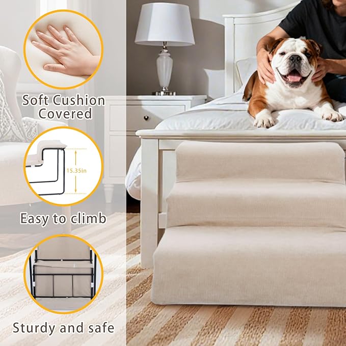 Dog Stairs with Beside Pet Bed Set for Window Bed Sofa Sturdy Metal Frame with Soft Cushion 3 Stairs Dog Steps and Window Perch for Small Pets (with Pet Bed)