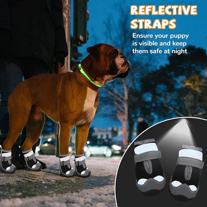 Dog Shoes for Hot Pavement,Dog Boots & Paw Protectors for Large Medium Size Dogs to Prevent Licking,Dog Booties with Reflective for Outdoor,Hiking,Hardwood Floors,Winter Snow(Black Grey,Size7)