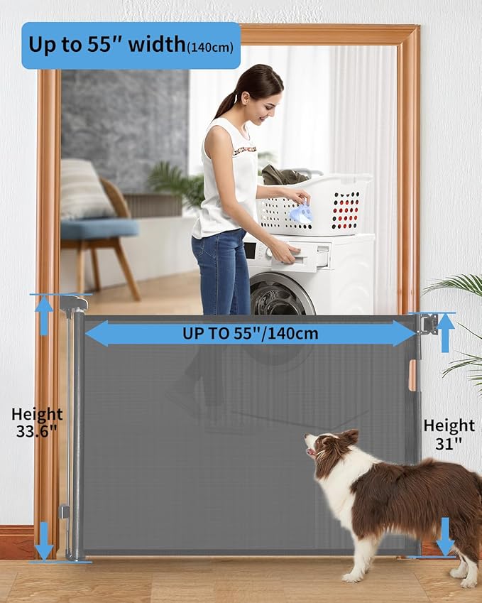 (2 Pack) Retractable Baby Gate for Doorways and Stairs, Mesh Safety Gate for Pet, Indoor & Outdoor Use, One-Hand Operation, Easy Installation, 33.6" Tall, Expands to 55" Wide（Grey,33.6"x55")