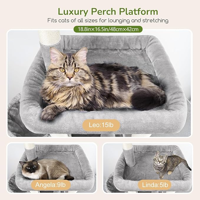 Globlazer Heavy Duty Cat Tree Tower for Large Cats, 68 inch Tall Multi-Level Sturdy Cat Tree Tower for Big Cat with 2 Oversized Condos, 2 Enlarged Perches, 2 Big Hanging Baskets, F68, Light Grey