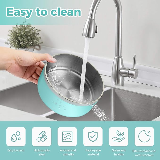 Stainless Steel Dog Bowl - Metal Water and Food Dish for Large Dogs, Insulated, Non-Slip, Easy Clean, 64oz, MintGreen