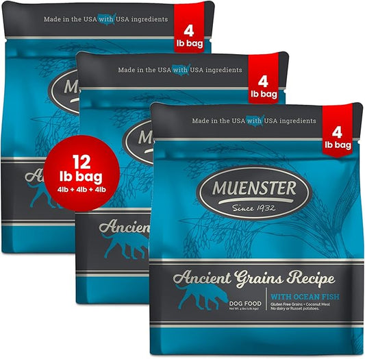 Muenster Ancient Grains Ocean Fish Dry Dog Food, 12lb (Pack of 3) - Gluten-Free, High Protein, Digestive Support