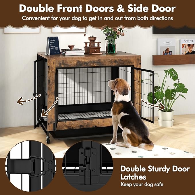 Giantex Dog Crate Furniture with Wheels, 38” Modern Dog Cage with 3 Doors, Flip Top Lid, Removable Pull-Out Tray, Decorative Dog Kennel Indoor Pet House End Table for Medium & Large Dogs (Brown)