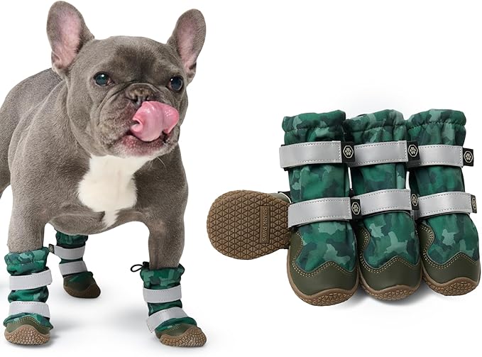 Spark Paws Dog Shoes, Waterproof Dog Boots for Medium to Large Dogs, Non Slip, Breathable Dog Booties and Paw Protectors - 4PCS Doggie Hiking Boots with Reflective Straps, Green Camo, Size 3