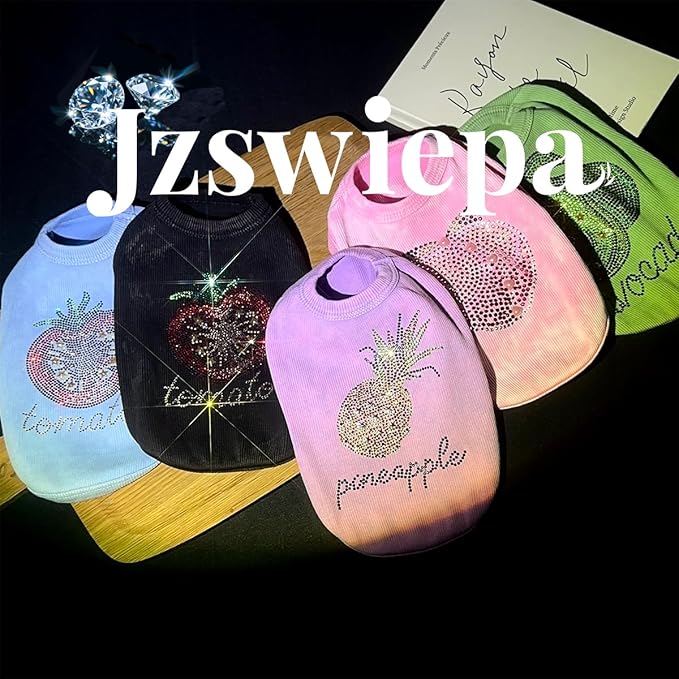 Washed Cotton Pet Vest with Rhinestone Fruit Designs, Soft & Stylish Small Dog Cat Vest for Spring Summer, Breathable & Shiny (Green-Avocado, X-Large)