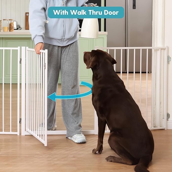 No Pawblems Free Standing Dog Gate with Door, 30'' Tall Foldable Dog Fence for Indoor & Outdoor, Up to 78 Inch Extra Wide Puppy Gate for Stairs, Hallways, Doorways, Deck, Yard (White, 3 Panels)