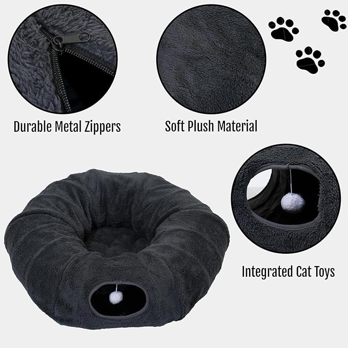 R1M Cat Tunnel Bed for Indoor Cats, Cute Cat Donut Tunnel Toys for Small, Larger Cats with Two Fish Cat Toys, Round Pet Peekaboo Cave Toy for Kitten, Dark Grey
