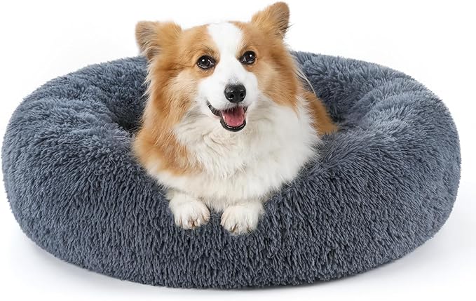 rabbitgoo Calming Dog Bed for Small Medium, 30 inches Pet Bed Machine Washable, Non-Slip Round Fluffy Plush Faux Fur Large Cat Cushion, Soft Donut Cuddler Cushion for Small Dogs, Dark Grey
