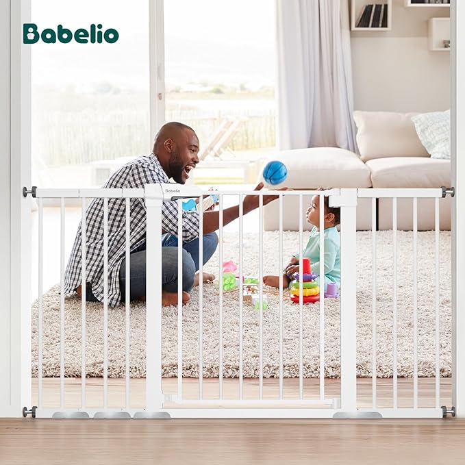 BABELIO 29-55 Inch Extra Wide Baby/Dog Gate, Metal Auto Close, Pressure Mounted Pet Door for Doorways, NO Need Tools and Drilling, with Wall Cups, White