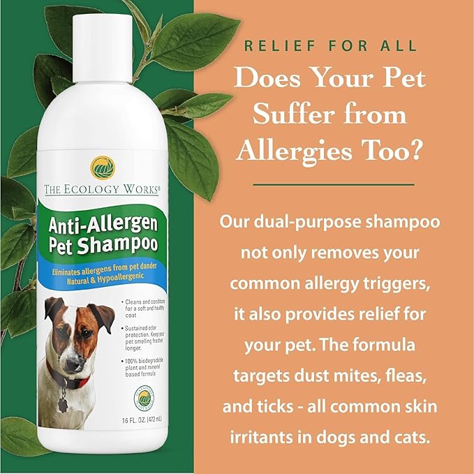 Anti-Allergen Pet Shampoo -Dog & Cat Dander Remover. Gentle Formula for Dry Sensitive Skin; Allergy Relief, The Ecology Works (16 Oz)