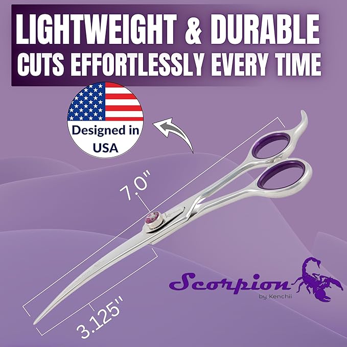 Kenchii Scorpion Dog Grooming Scissors, 7 Inch Curved Shears, Dog Scissors for Grooming, Professional Pet Grooming Scissors, Heavy Duty, Durable and Sharp