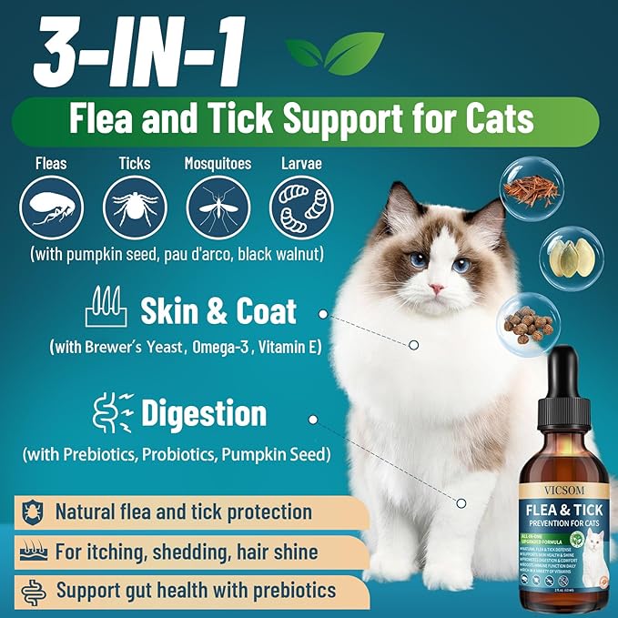 VICSOM Cat & Dog Flea Prevention Bundle: Natural 3-in-1 Herbal Drops for Sensitive Pets - Salmon (Cat) + Chicken (Dog) Flavor | Seasonal Support, Digestive Health & Skin Care