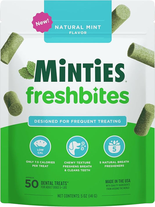 Minties FreshBites Soft and Chewy Dental Treats for Dogs, Low Calorie Natural Mint Flavored Dental Chews for Dogs, 50 Count, Chews Clean Teeth, Fight Bad Breath, and Removes Plaque and Tartar