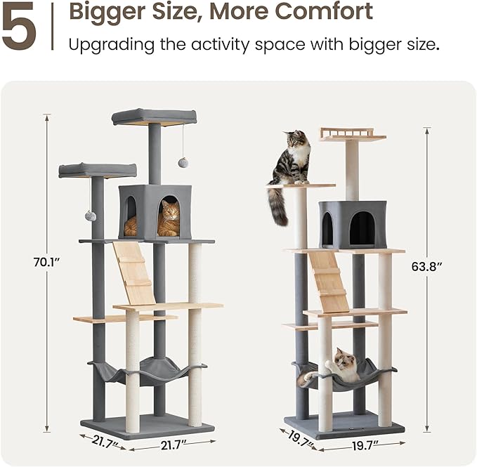 MWPO Large Modern Cat Tree, 70.1-Inch Wood Cat Tower for Indoor Cats, Multi-Level Tall Cat Condo with 2 Padded Perches, Hammock, Scratching Posts, Dangling Toys, Light Grey