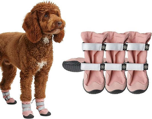 Spark Paws Dog Shoes, Waterproof Dog Boots for Medium to Large Dogs, Non Slip, Breathable Dog Booties and Paw Protectors - 4PCS Doggie Hiking Boots with Reflective Straps - Pink, Size 6