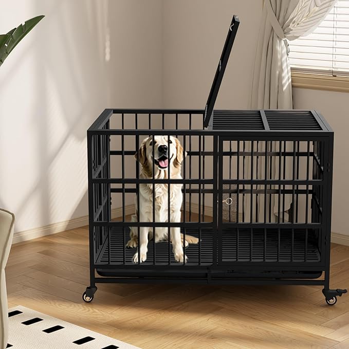 38in Heavy Duty Indestructible Dog Crate with Wheels, Rust-Resistant Folding XL Dog Cage Suitable for Medium to Large Dogs, New Upgrade Single-Handed Latch, Removable Tray, Max Load 400Lbs