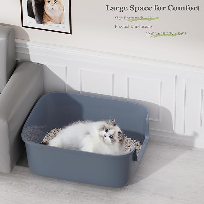 Vealind Large Cat Litter Box High Sided and Side Entry Cat Litter Pan 50 x 40 x 22 CM, Anti-Splashing Deep Tall Cat Boxes for Indoor Cats Basics Kitty Litter Box (Grey)