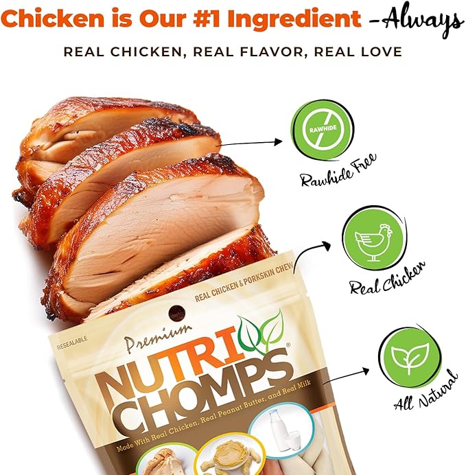 NutriChomps Dog Chews, 6-inch Braids, Easy to Digest, Rawhide-Free Dog Treats, Healthy, Real Chicken, Peanut Butter and Milk flavors, Pack of 4