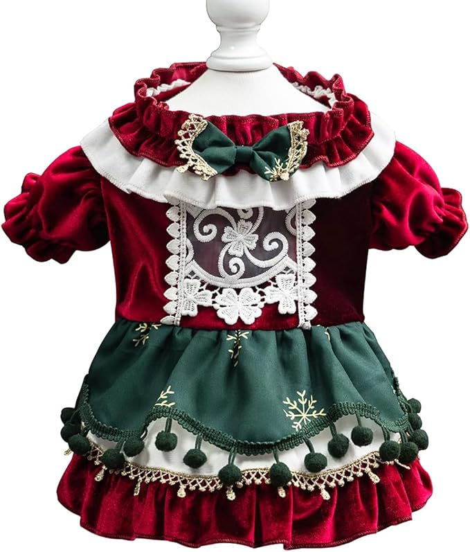 MengYu Princess Dresses for Small Dog Lolita Clothes for Cat Velvet Costume Pretty Lace Outfits Fall Costumes (Red&Green, L)