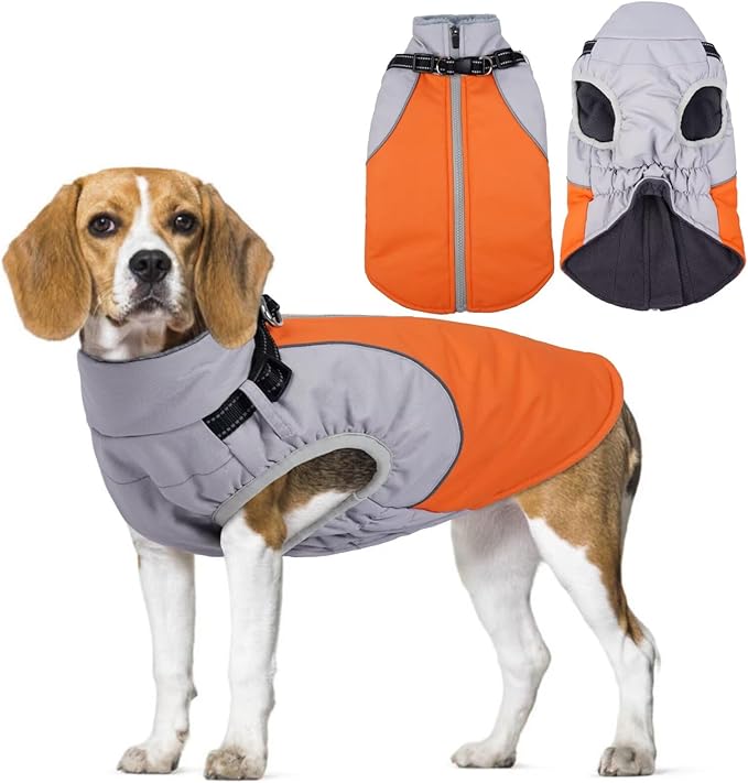 Dog Coat,Water-Repellent Dog Winter Jacket with Adjustable Buckle,Reflective Turtleneck Pet Snow Vest Dogs,Warm FleeceDog Winter Coat Cold Weather Jacket with Harness Built-in,Orange,M