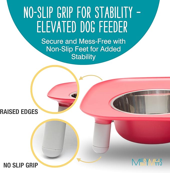 Messy Mutts Elevated Double Feeder with Stainless Bowls | Adjustable Height 3”, 5”, or 10” | Adjustable Standing Feeder for Dogs | 5 Cups per Bowl | Watermelon