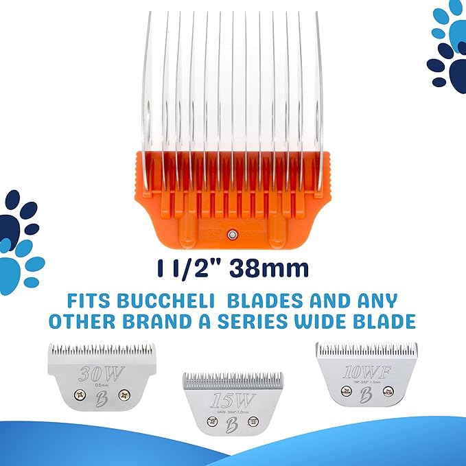 38MM 1 1/2" Cut Wide Clipper Guard Attachment for A-5 Type Blade | Stainless Steel Blade for Professional Groomers and Stylist | Snap-On/Off Design (WIDECOMB 38MM)