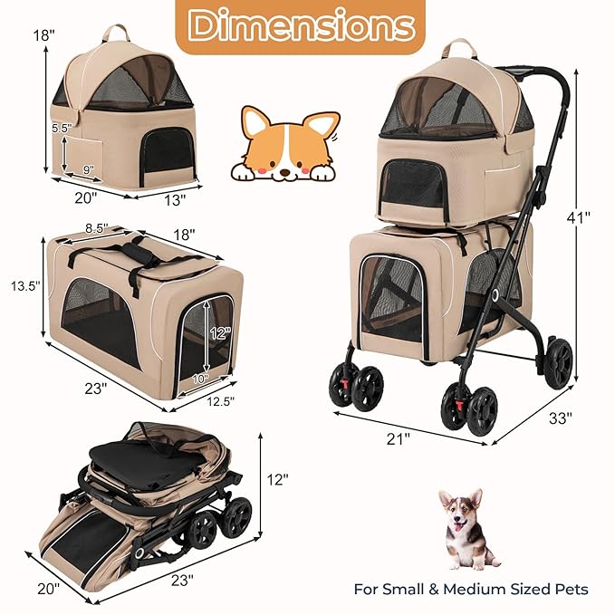 Giantex Double Dog Stroller for 2 Dogs, Detachable Carriers, Safety Belt, 4 Lockable Wheels, Pet Travel Carrier Strolling Cart, Folding Cat Stroller for Small Medium Pets Dogs (Beige)