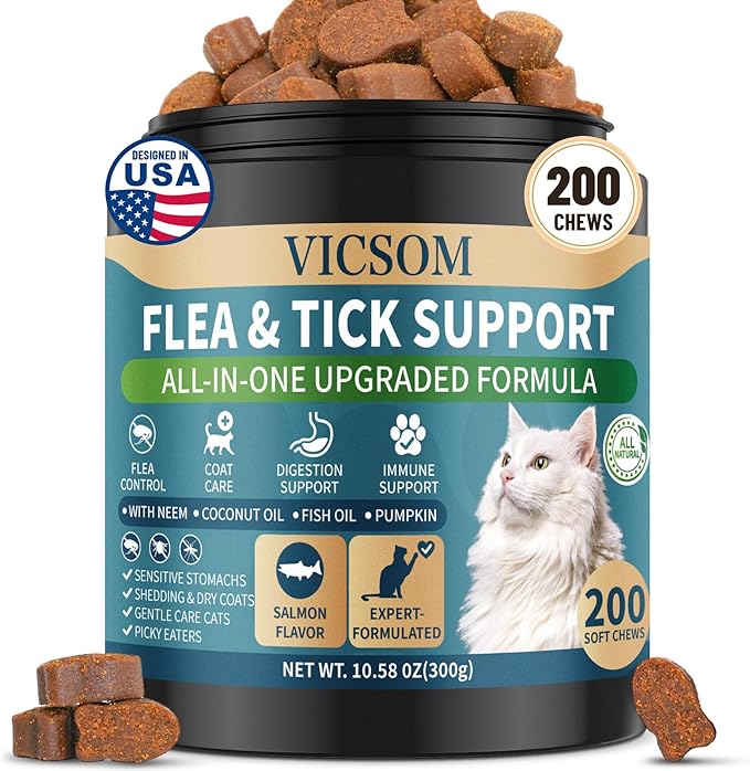 Flea and Tick Prevention for Cats Chewable, 200 Treats Natural Cat Flea Treatment, Skin & Digestive Support Oral Supplement Chew Flea and Tick Treatment for Cat Kitten All Breeds & Ages, Salmon Flavor