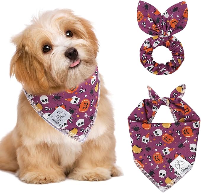 E-Clover Halloween Dog Bandanas & Matching Scrunchie Set Girl Cute Pumpkin Dog Scarf Bibs Pet Bandana with Bow Tie for Small Dogs Puppy Owner Mom Purple Orange