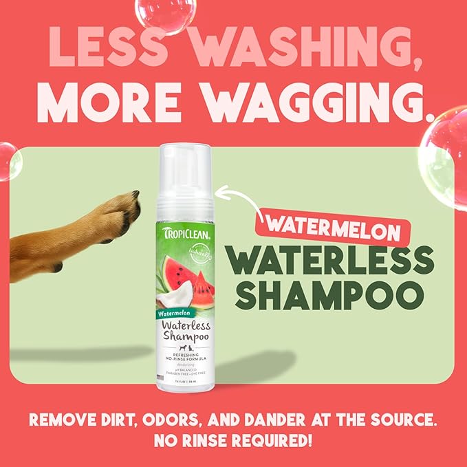 TropiClean Watermelon Waterless Shampoo | Dry Shampoo for Cats & Dogs | Cat & Dog Bath Supplies 7.4 oz | Made in The USA