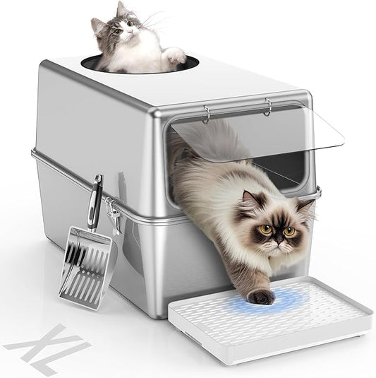 Stainless Steel Litter Box with Lid – Dog Proof, XL Enclosed Metal, High Side, Odor Control, for Big Cats & Multi-Cat Household, Top and Front Entry (Grey Silicone Edge)