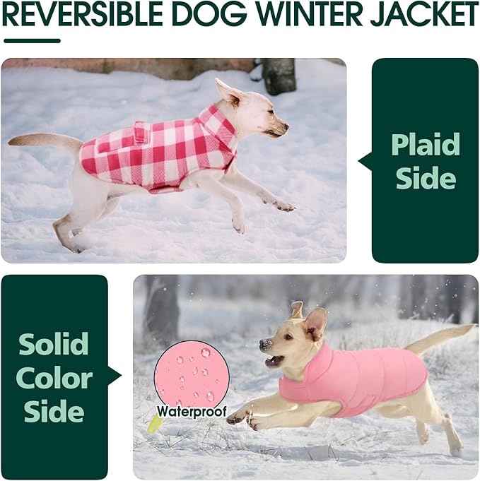 Kuoser Dog Winter Coat, Windproof Dog Fleece Jacket British Style Plaid Cold Weather Doggie Vest Coats, Reversible Cozy Warm Pet Clothes Apparel for Medium Dogs M