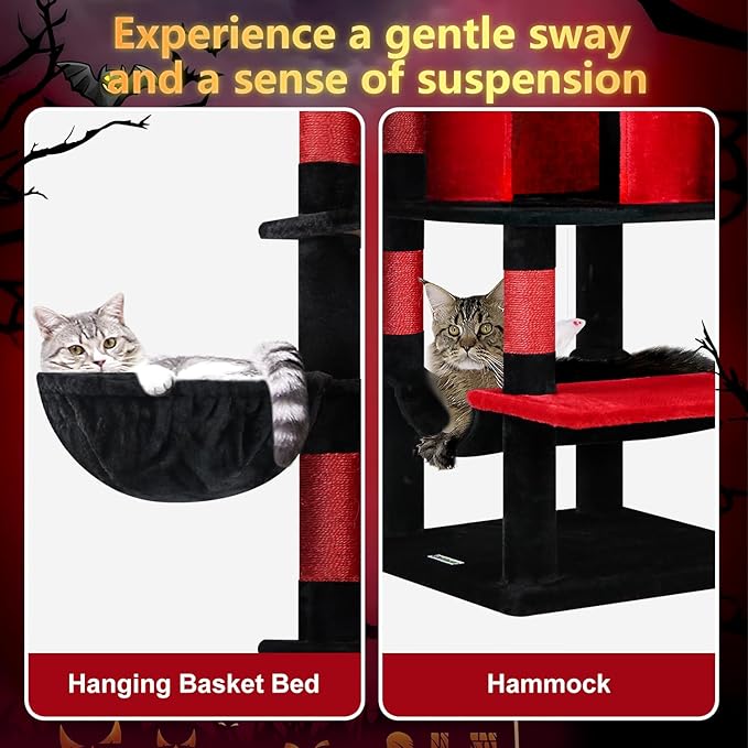 Globlazer Gothic Corner Cat Tree Tower for Large Cat, 66inch Tall Large Goth Cat Tree for Multiple Indoor Cats with 6 Scratching Posts, 2 Spacious Condos, Soft Hammock, Hanging Basket, C66, Red Black