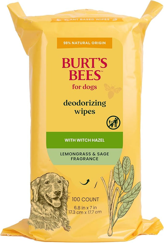 Burt's Bees for Pets Deodorizing Dog Wipes with Witch Hazel, Lemongrass and Sage Fragrance, 98% Natural Origin Formulas, Dog Wipes Cleaning and Deodorizing, 100ct