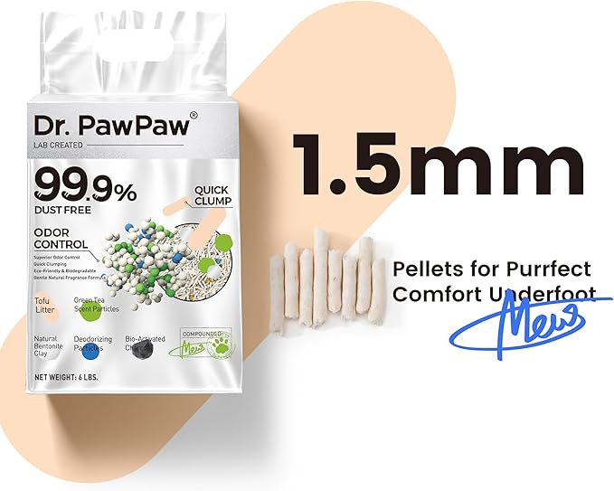 Tofu Cat Litter, Dr. PawPaw Clumping Cat Litter, Green Tea Scent 6 lb, Dust-Free Keep Kitty Tidy, Superior Odor Control Keep Step Fresh