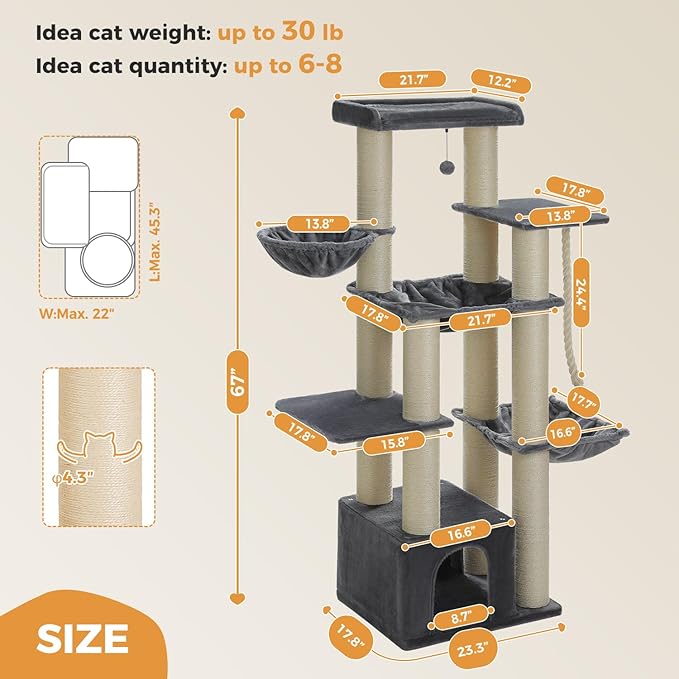 Heavy Duty Cat Tree for Maine Coon – 67" Tall Cat Tower with 13 Thick (φ4.3) Scratching Posts, XXL Cat Condo with Super Large Perch & Cozy Hammocks, Engineered for Big Cats (20+ lbs) - Gray