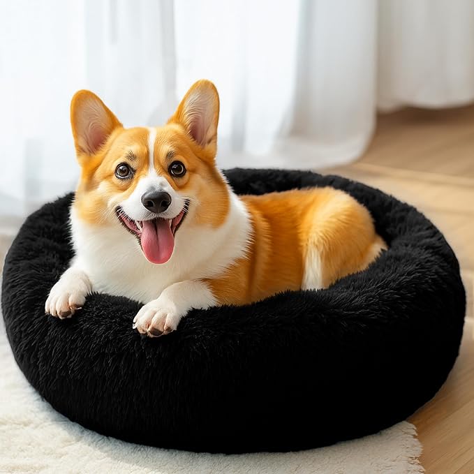 28in Large Dog Bed, Medium Size Dog and Cats, Calming Donut Bed for Puppy and Kitten, Washable Round Fluffy Pet Bed (Black)