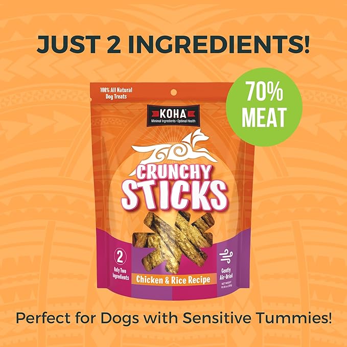 KOHA Pet Crunchy Sticks Chicken & White Rice Recipe, 2 Ingredient Dog Treats for Sensitive Stomachs, Healthy Treats for Dogs