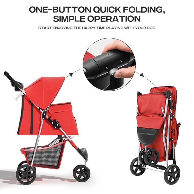 Cat Dog Stroller - 3-Wheels for Medium/Puppy Dogs 30 Lbs, Cats - Foldable with Storage Basket and Cup Holder, Breathable Mesh Red