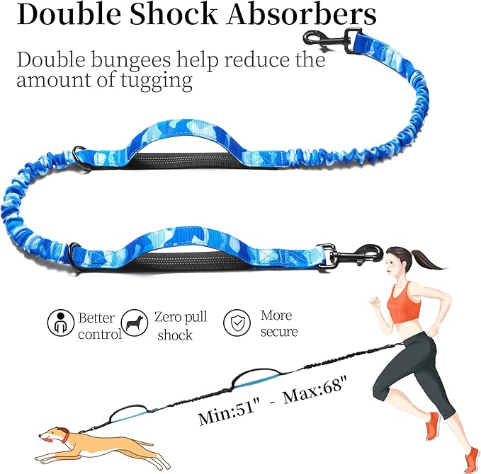 iYoShop Hands Free Dog Leash with Zipper Pouch, Dual Padded Handles and Durable Bungee for Walking, Jogging and Running Your Dog (camo Blue, Large)