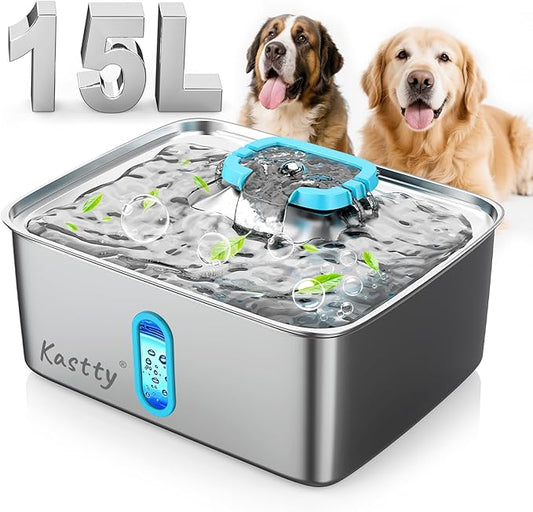 Kastty 15L/3.96 Gal Large Capacity Dog Water Bowl Dispenser,Stainless Steel Dog Water Fountain Quiet LED Light Triple Filtration Dog Water Bowl, Automatic Pet Water Fountain Easy Cleaning Blue FS78