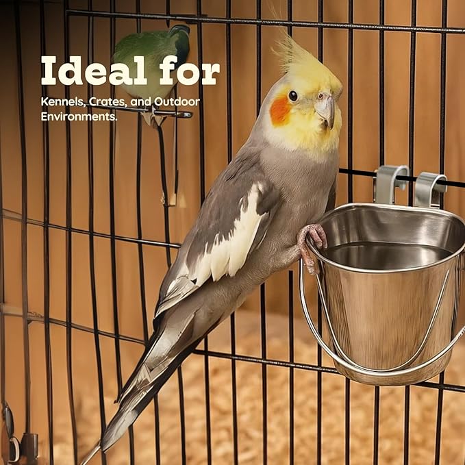 1 Quart Stainless Steel Flat Sided Pail with Dual Hooks | Hanging Bucket for Dog, Cat, Bird & Small Animals | Durable Food & Water Bowl Fits Kennels, Crates & Cages | Multipurpose Use