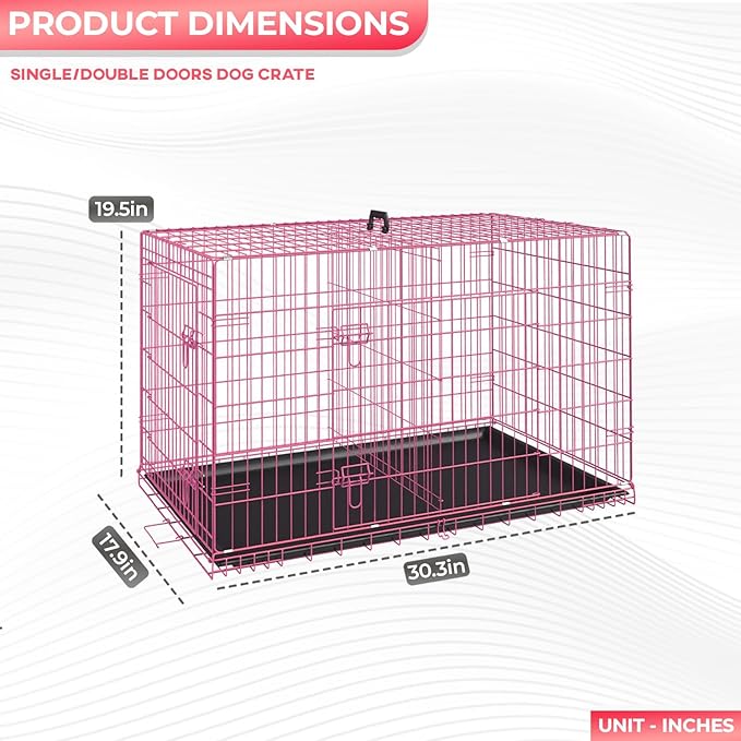 FDW Dog Crate for Medium Dogs 30 Inch Folding Metal WirePet Cage Double Door W/Divider Panel Indoor Outdoor Kennel Leak-Proof Plastic Tray,Pink