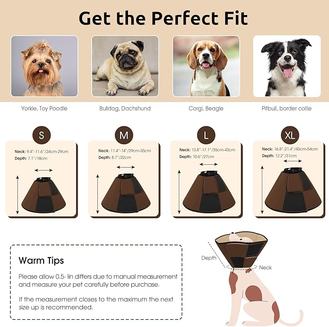Queenmore Dog Cones for Medium Dogs, Soft Dog Cone Collar After Surgery, Pet Cone for Dogs Wound Care, Spay, Neuter, Breathable Pet Surgery Collars & Cones, Brown M