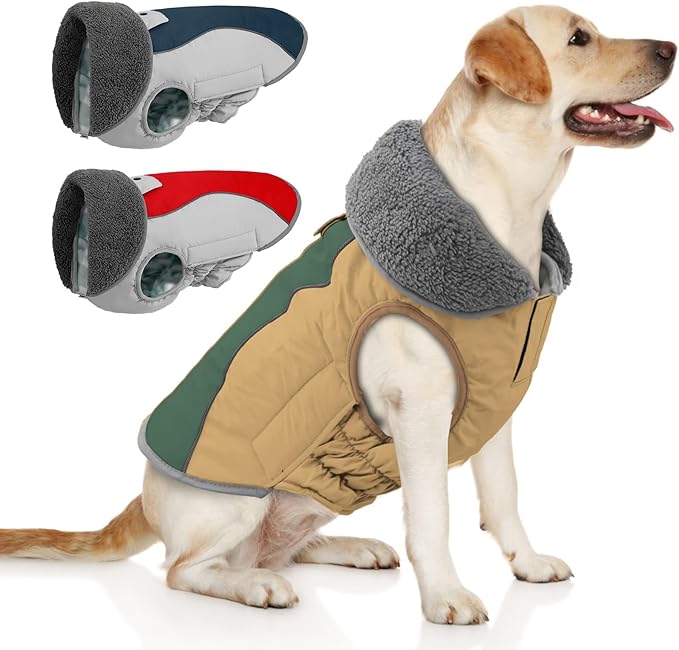 Doglay Dog Jacket Waterproof Dog Coat, Reflective Cold Weather Winter Coat, Adjustable Turtleneck Fleece Puppy Snow Jacket with Harness Hole for Small Medium Large Dogs